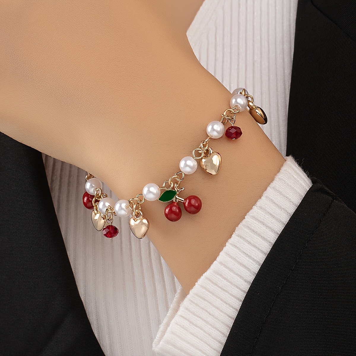 Women's Cherry Bracelet with Red Heart Pendant Anklet